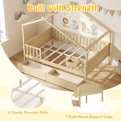 Full Size House Bed with Roof and Fence Rails for Kid, Natural Simple Bed Frame at Gallery Canada