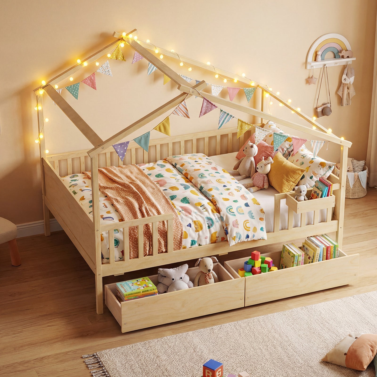 Full Size House Bed with Roof and Fence Rails for Kid, Natural Simple Bed Frame at Gallery Canada