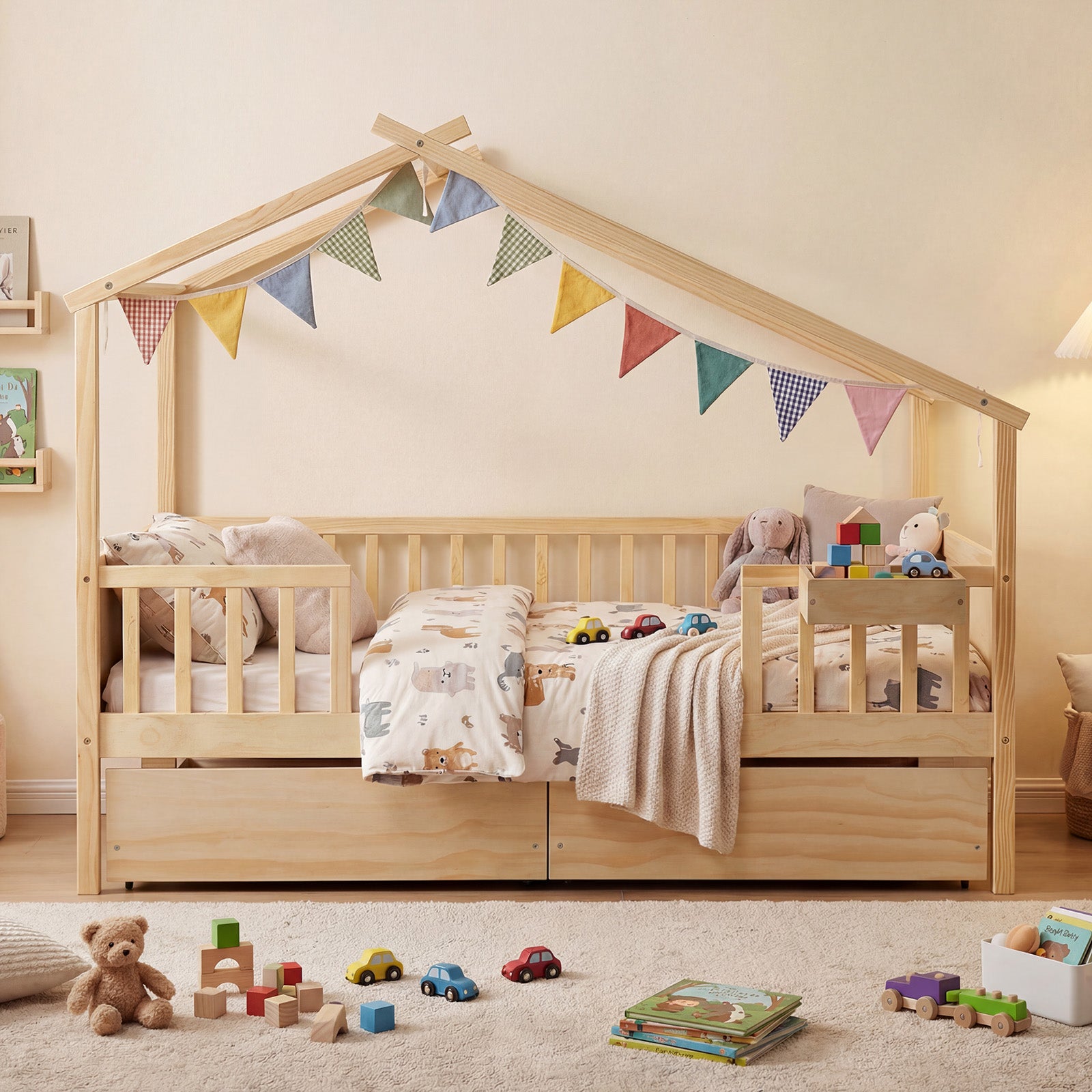 Full Size House Bed with Roof and Fence Rails for Kid, Natural Simple Bed Frame at Gallery Canada