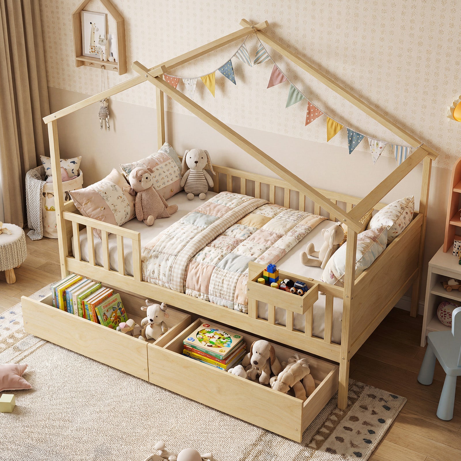 Full Size House Bed with Roof and Fence Rails for Kid, Natural Simple Bed Frame at Gallery Canada