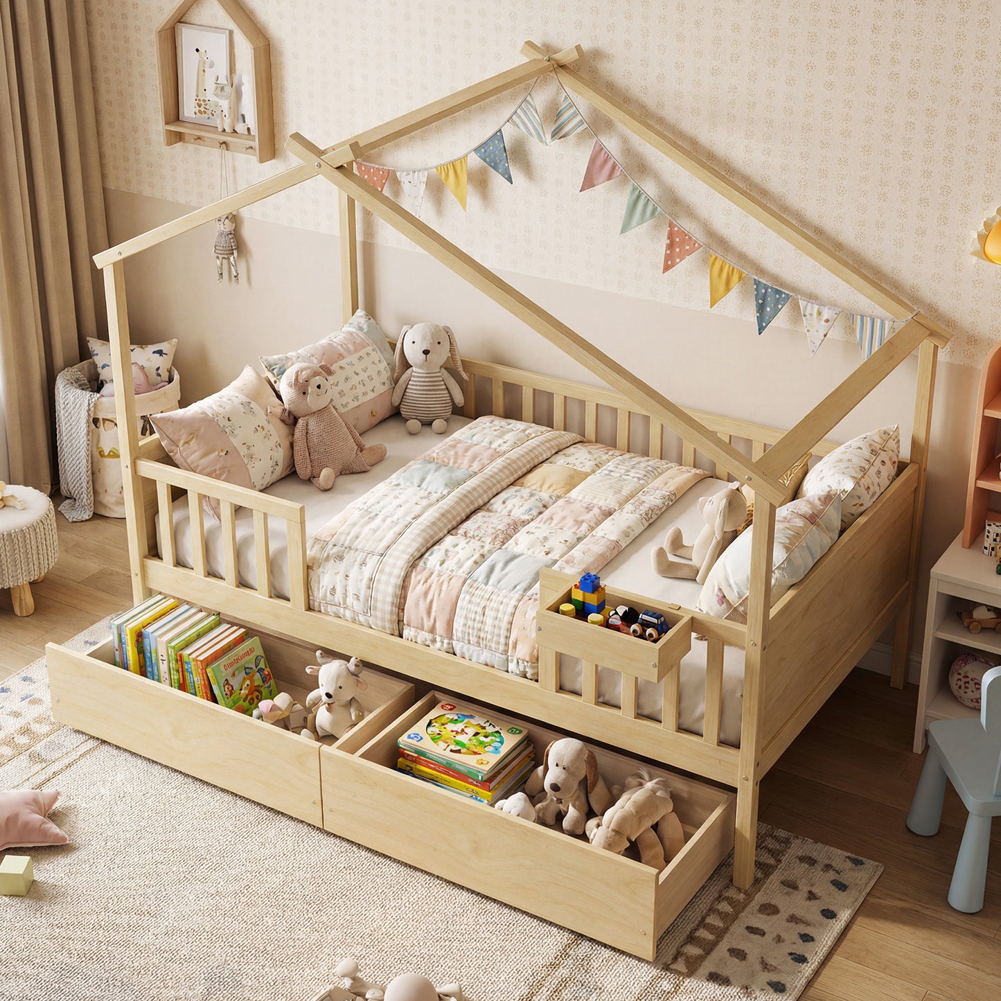 Full Size House Bed with Roof and Fence Rails for Kid, Natural Simple Bed Frame at Gallery Canada
