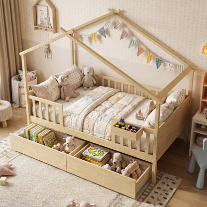 Full Size House Bed with Roof and Fence Rails for Kid, Natural Simple Bed Frame at Gallery Canada