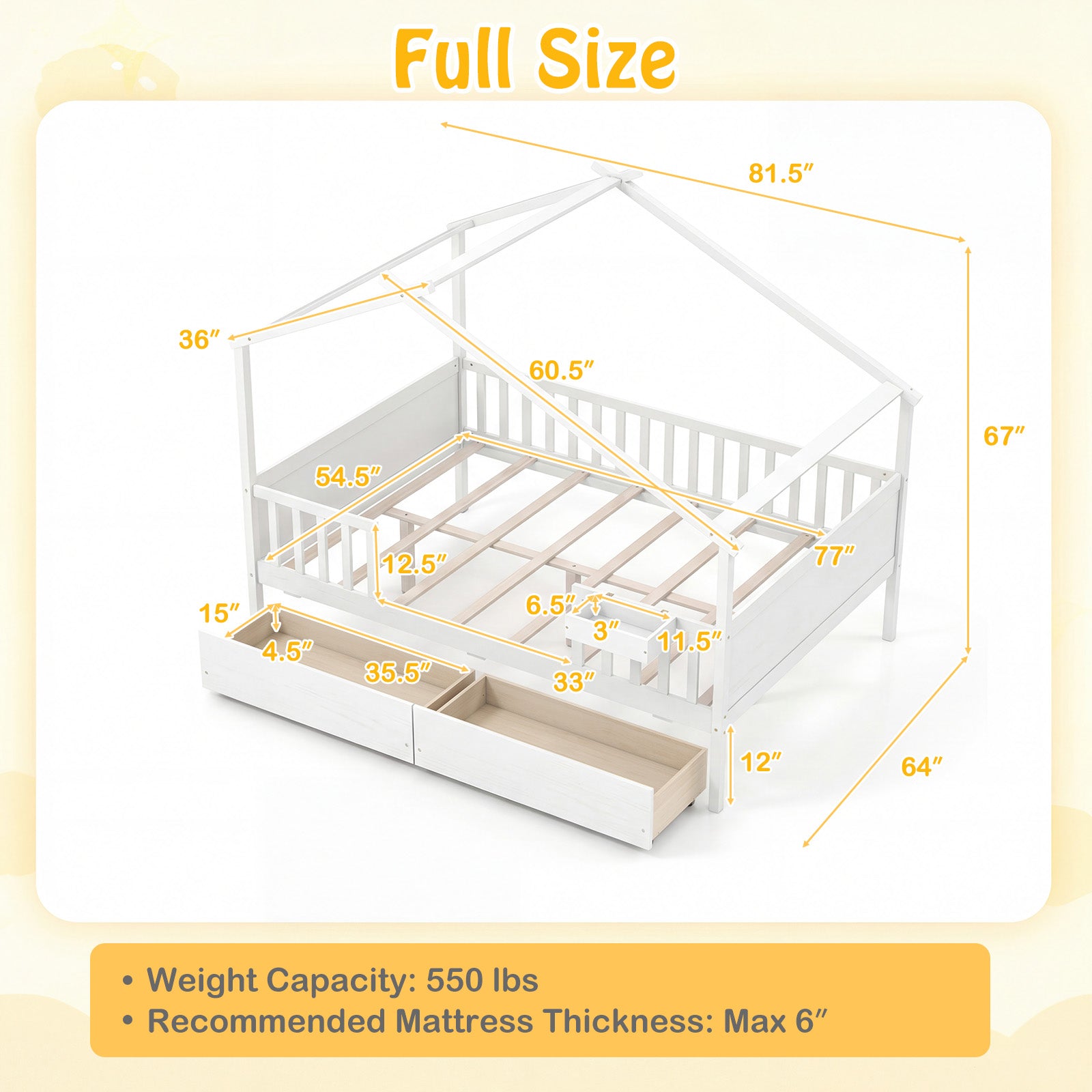 Full Size House Bed with Roof and Fence Rails for Kid, White Simple Bed Frame at Gallery Canada