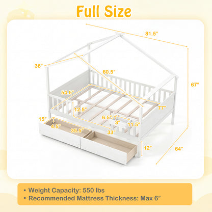 Full Size House Bed with Roof and Fence Rails for Kid, White Simple Bed Frame at Gallery Canada