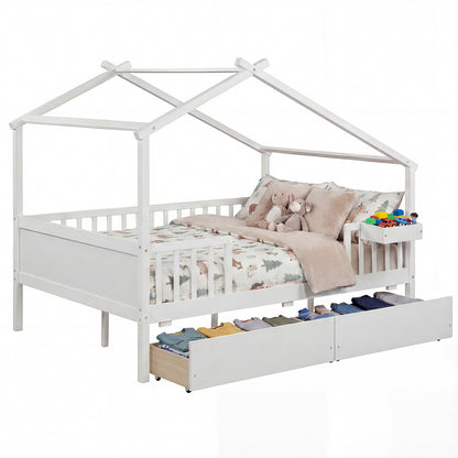 Full Size House Bed with Roof and Fence Rails for Kid, White Simple Bed Frame at Gallery Canada