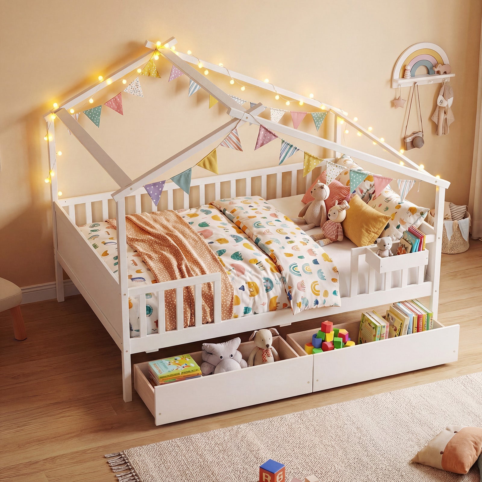 Full Size House Bed with Roof and Fence Rails for Kid, White Simple Bed Frame at Gallery Canada