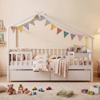 Full Size House Bed with Roof and Fence Rails for Kid, White Simple Bed Frame at Gallery Canada