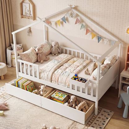 Full Size House Bed with Roof and Fence Rails for Kid, White Simple Bed Frame at Gallery Canada