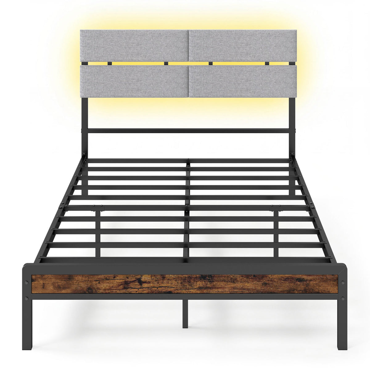 Full Size Metal Bed Frame, LED Lights, Charging Station, Rustic Brown