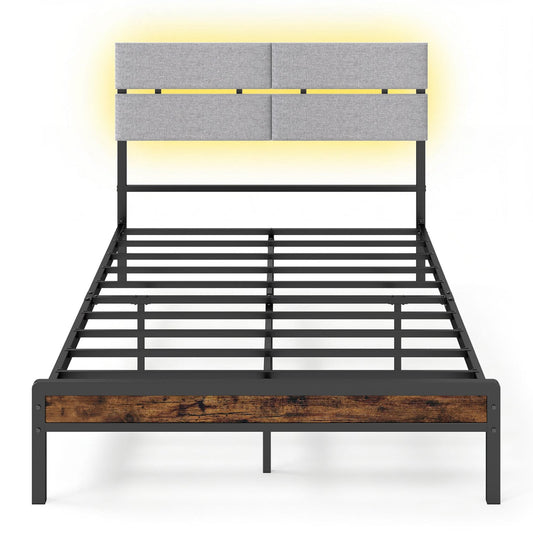 Full Size Metal Bed Frame, LED Lights, Charging Station, Rustic Brown Simple Bed Frame Rustic Brown at Gallery Canada