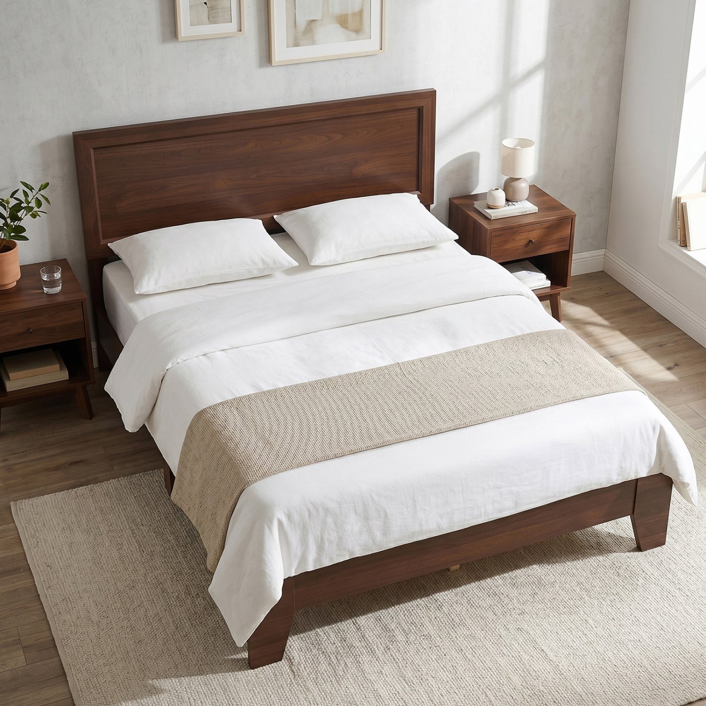Full Size Modern Bed Frame with Headboard, Walnut