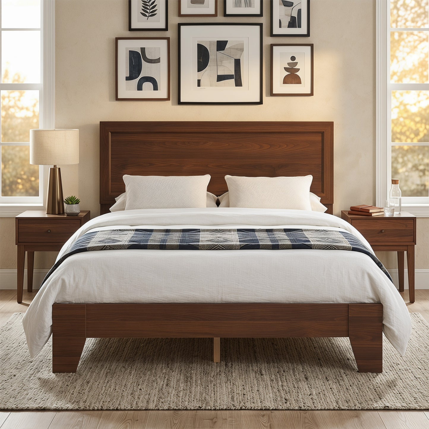 Full Size Modern Bed Frame with Headboard, Walnut