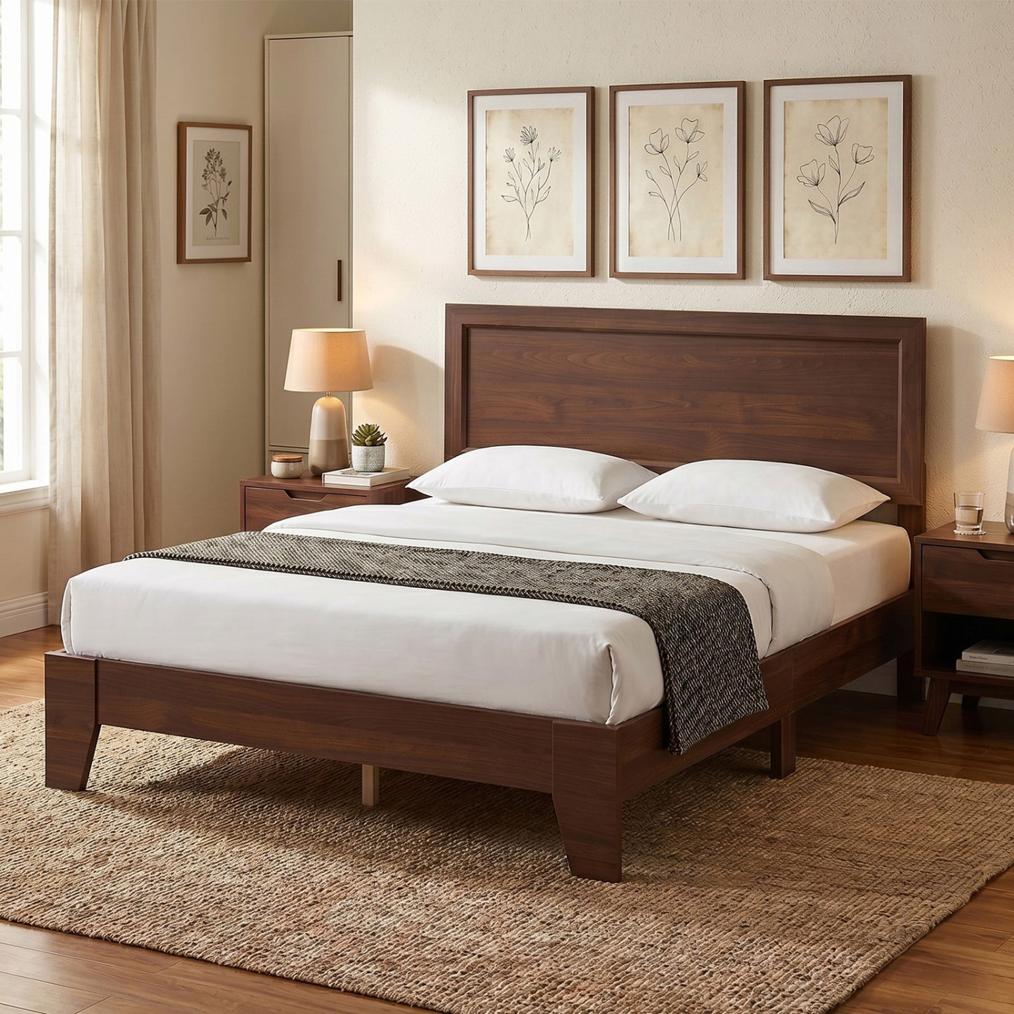 Full Size Modern Bed Frame with Headboard, Walnut