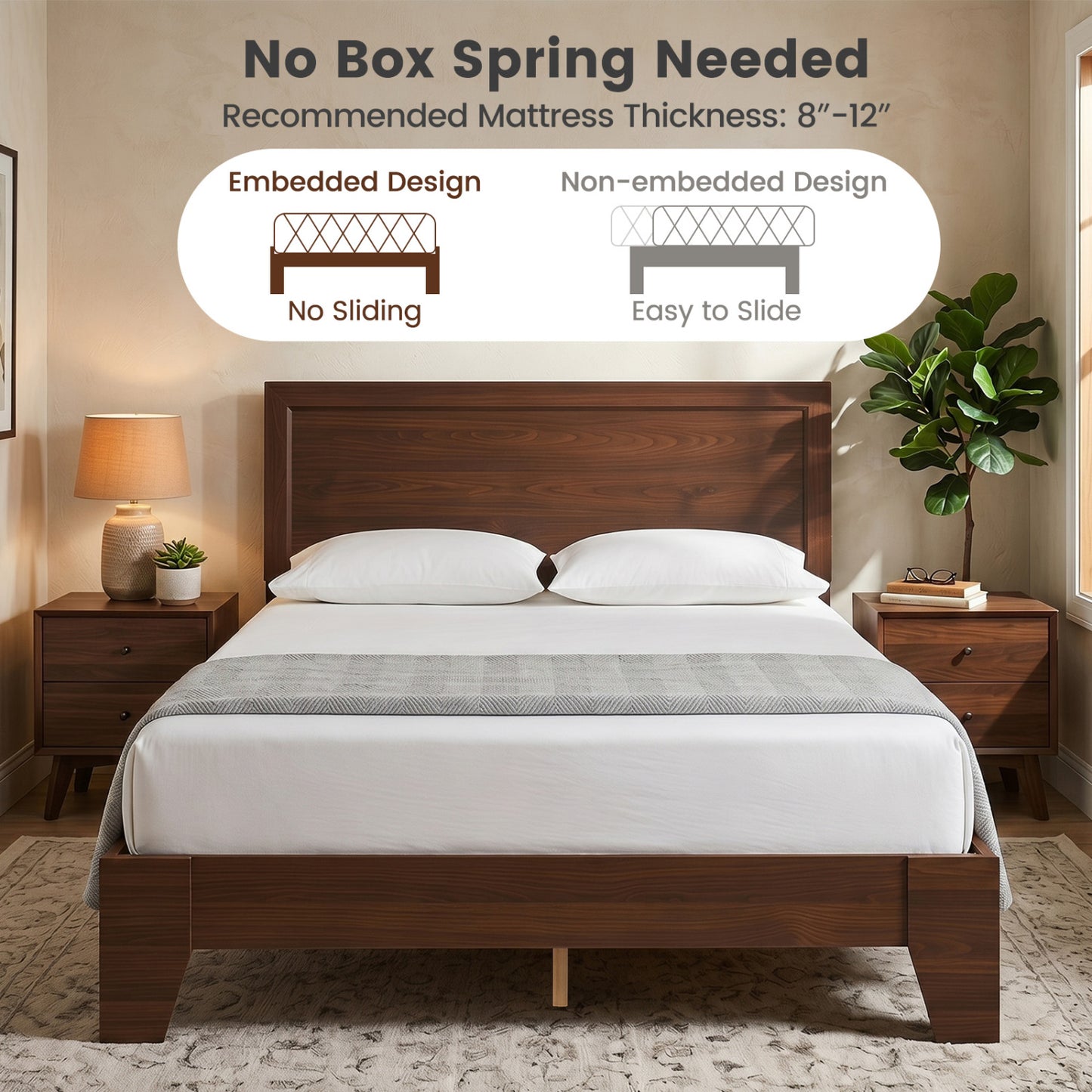 Full Size Modern Bed Frame with Headboard, Walnut