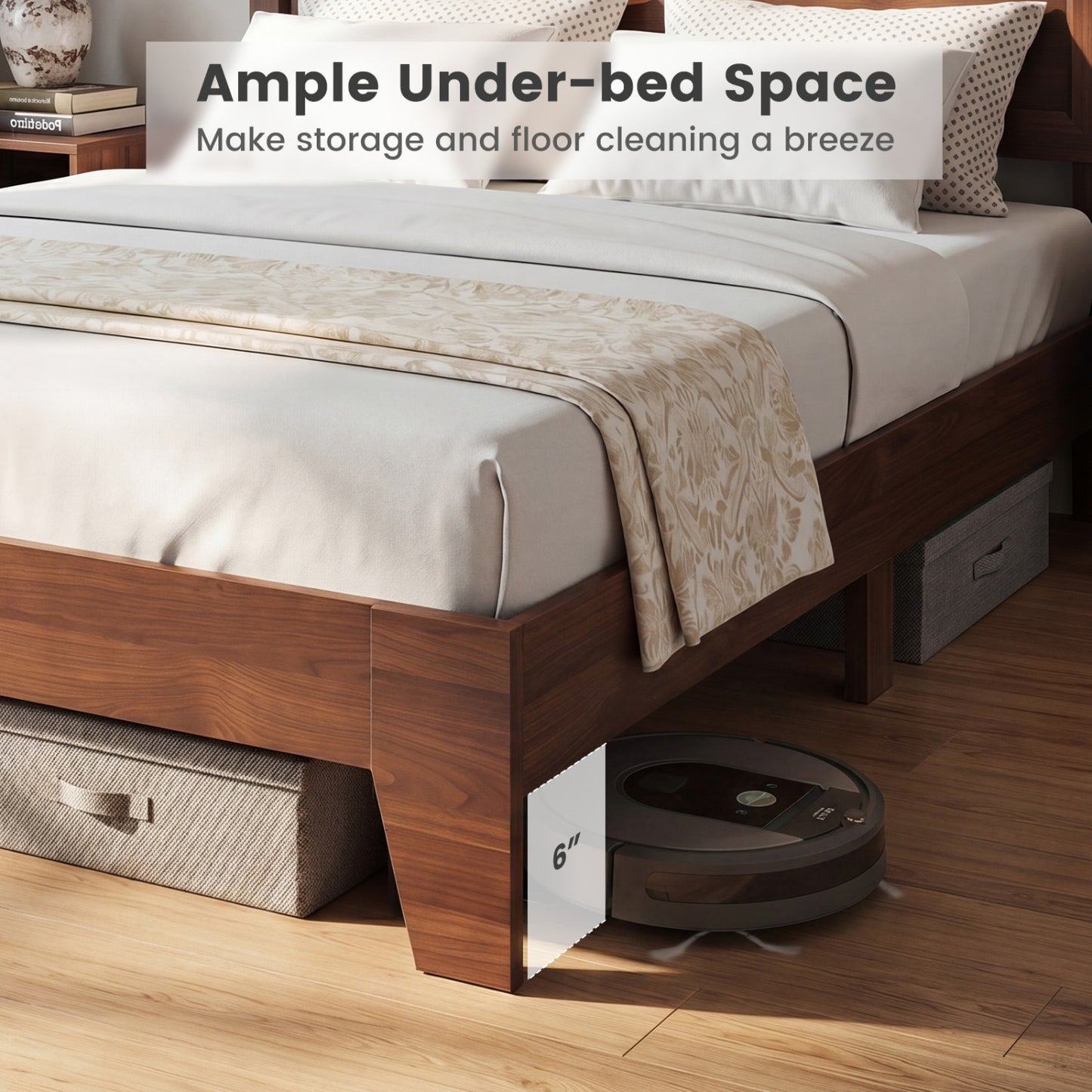 Full Size Modern Bed Frame with Headboard, Walnut