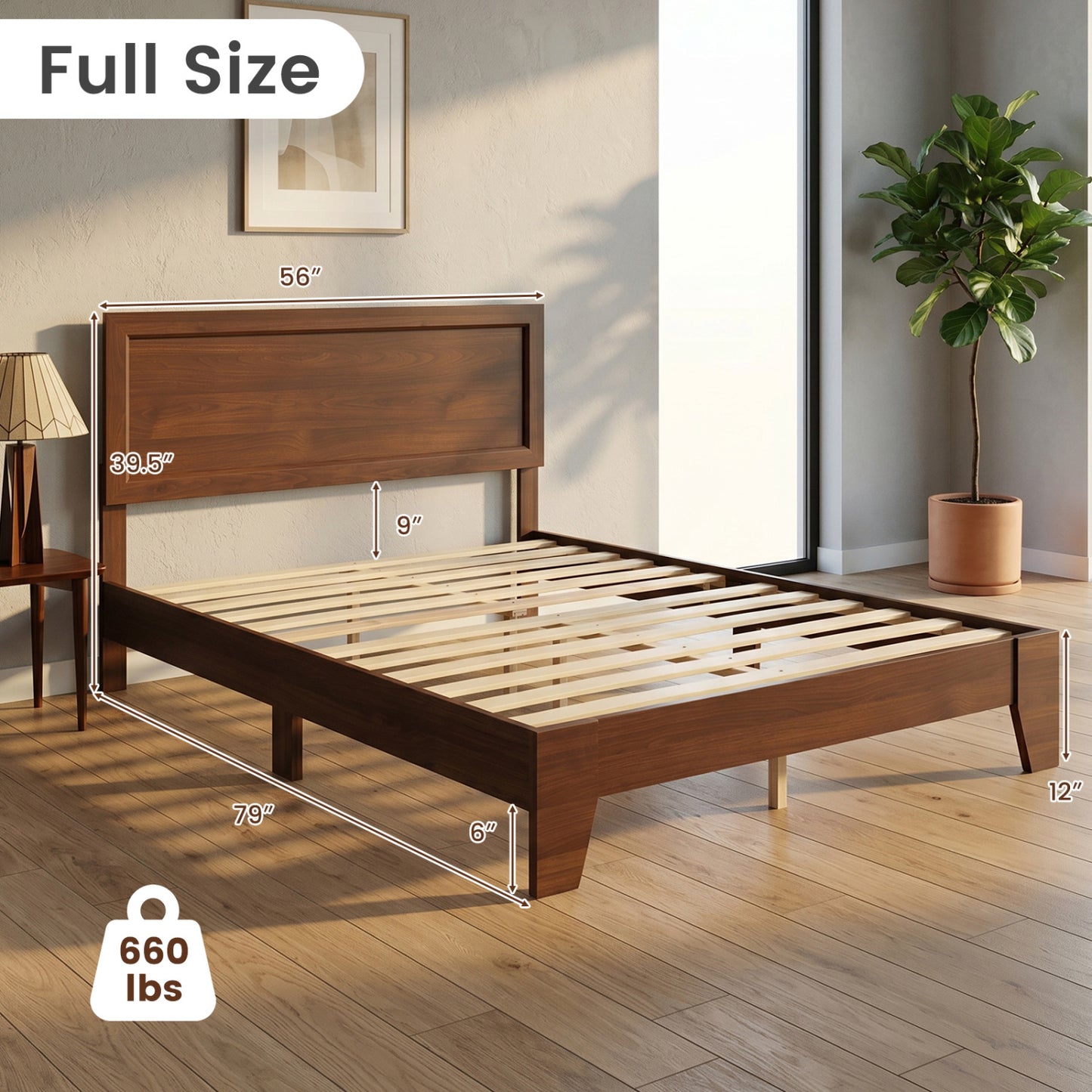 Full Size Modern Bed Frame with Headboard, Walnut