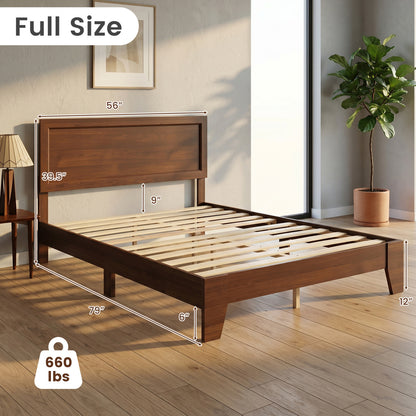 Full Size Modern Bed Frame with Headboard, Walnut