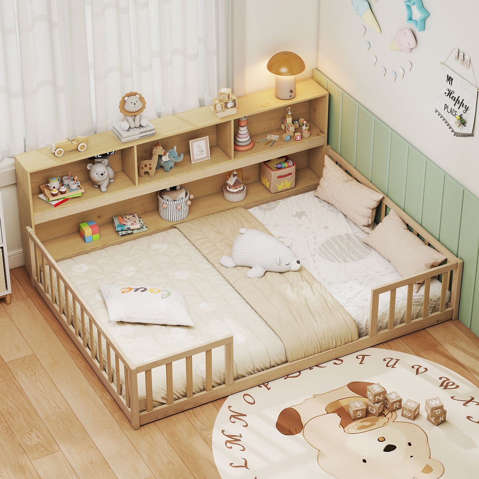 Full Size Montessori Floor Bed With Bookcase, Natural Trundle Bed Frame at Gallery Canada