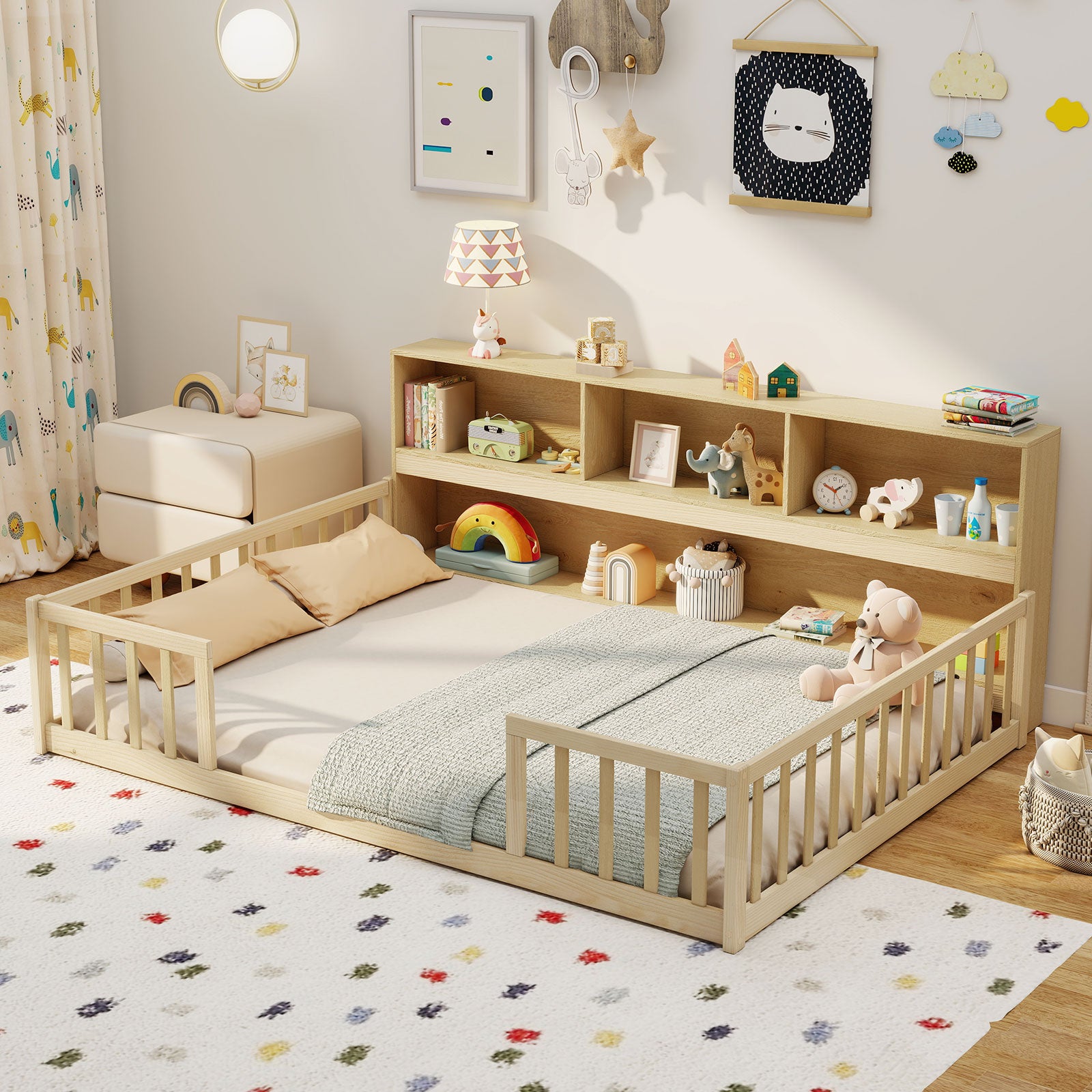 Full Size Montessori Floor Bed With Bookcase, Natural Trundle Bed Frame at Gallery Canada
