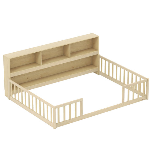 Full Size Montessori Floor Bed With Bookcase, Natural
