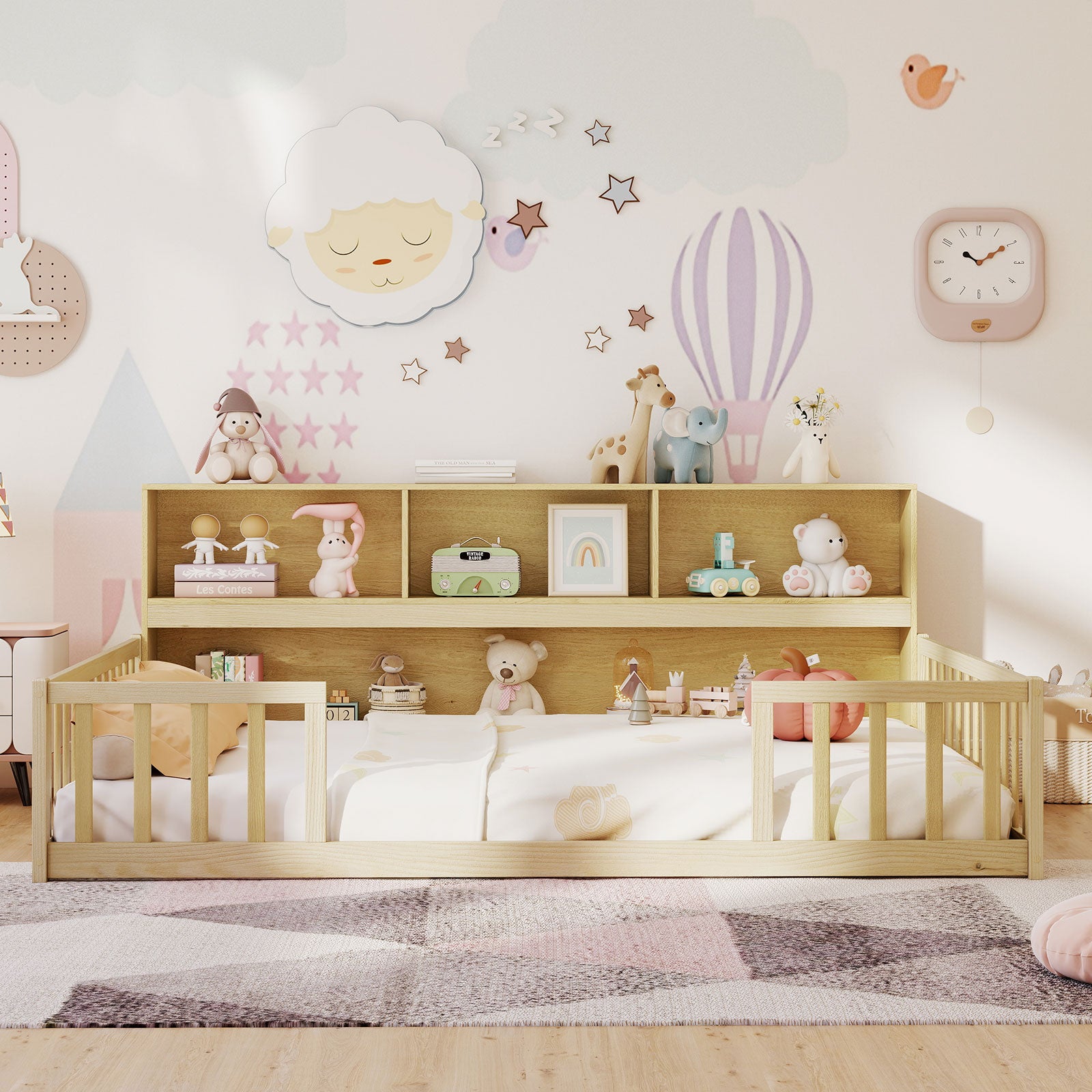 Full Size Montessori Floor Bed With Bookcase, Natural Trundle Bed Frame at Gallery Canada