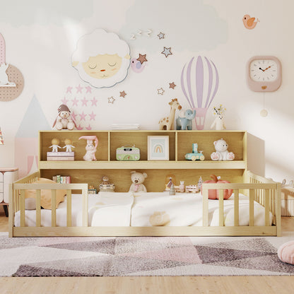 Full Size Montessori Floor Bed With Bookcase, Natural Trundle Bed Frame at Gallery Canada
