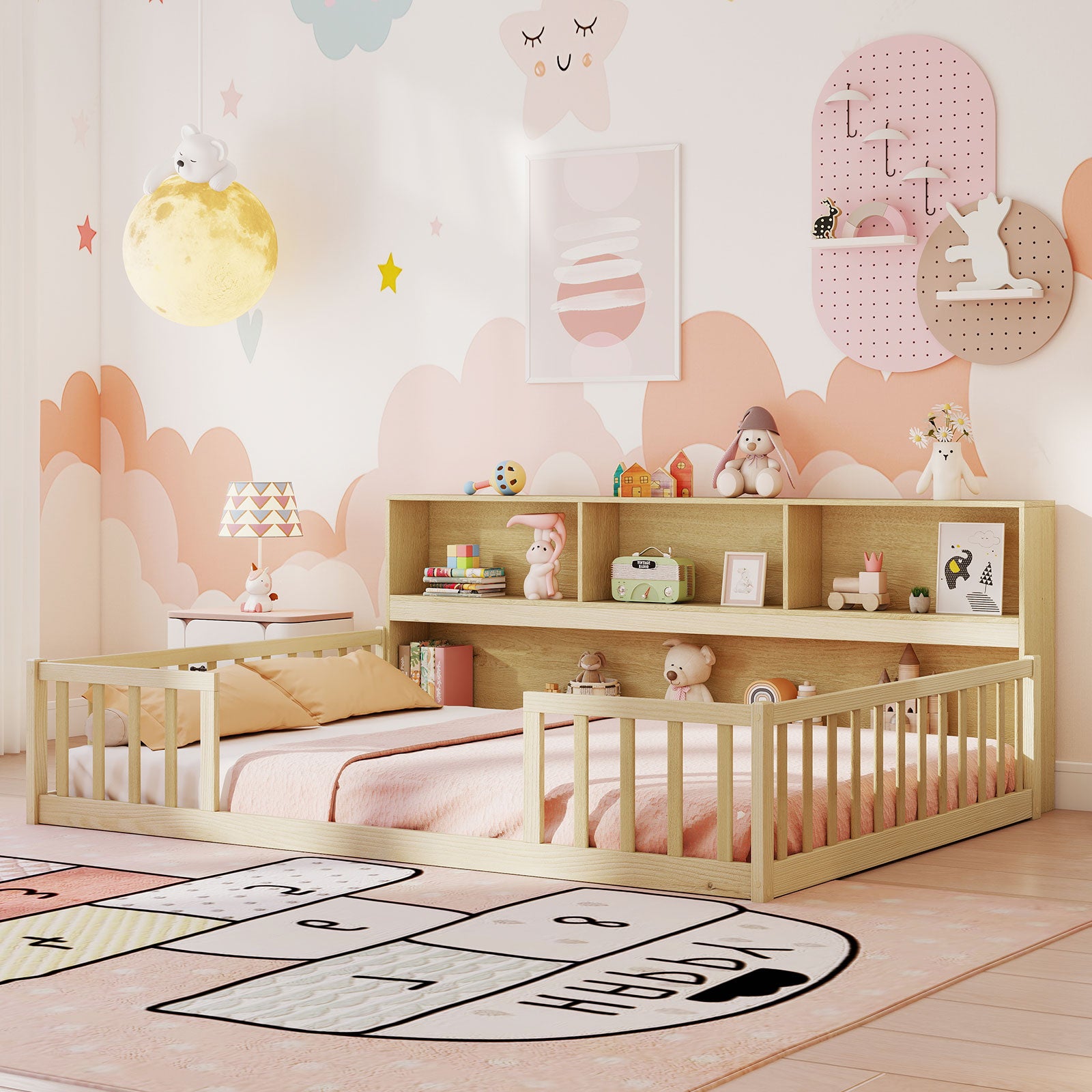 Full Size Montessori Floor Bed With Bookcase, Natural Trundle Bed Frame at Gallery Canada