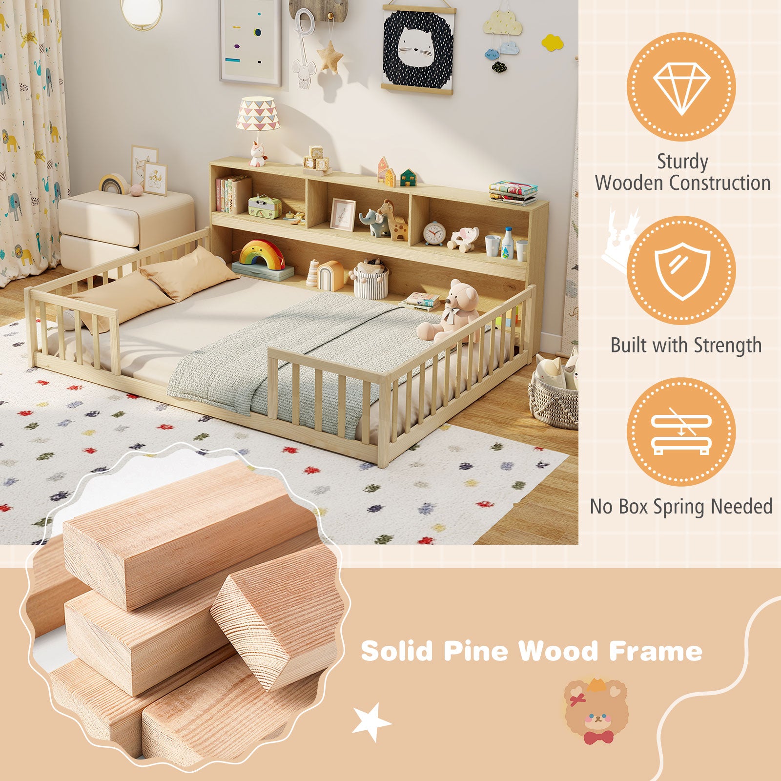 Full Size Montessori Floor Bed With Bookcase, Natural Trundle Bed Frame at Gallery Canada