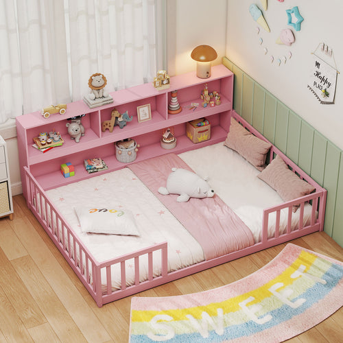 Montessori Floor Bed With Bookcase, Full Size, Pink