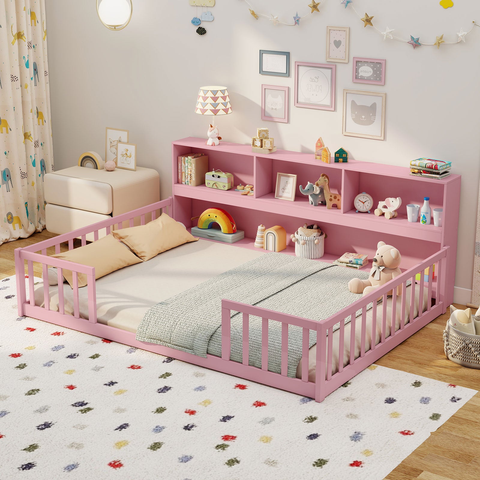 Montessori Floor Bed With Bookcase, Full Size, Pink Trundle Bed Frame at Gallery Canada