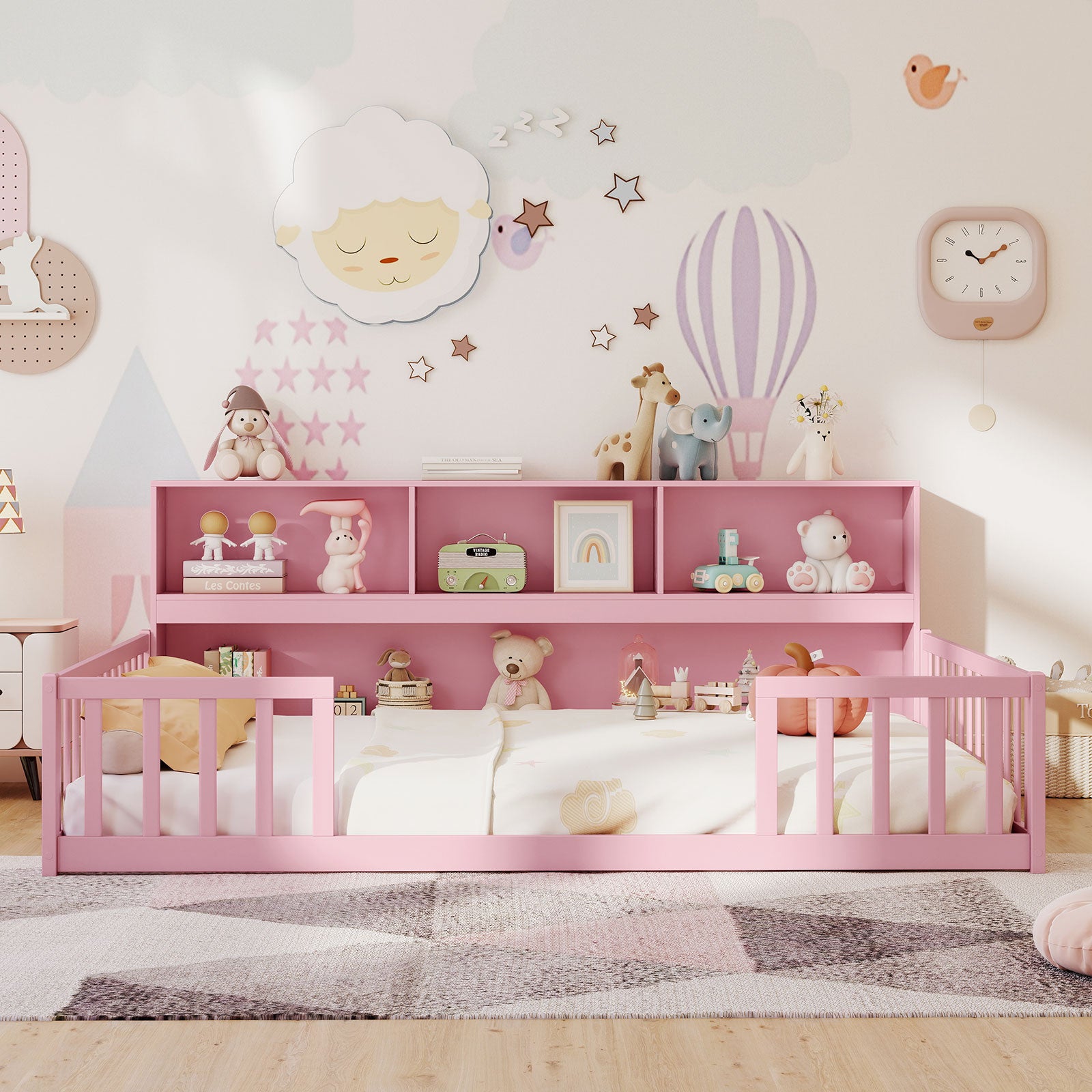 Montessori Floor Bed With Bookcase, Full Size, Pink Trundle Bed Frame at Gallery Canada