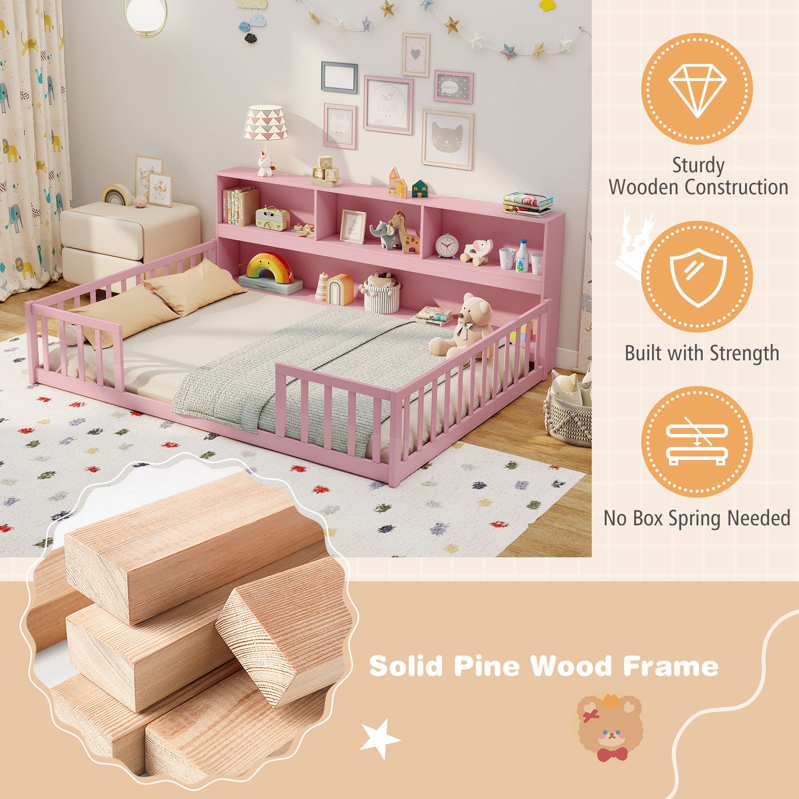 Montessori Floor Bed With Bookcase, Full Size, Pink Trundle Bed Frame at Gallery Canada
