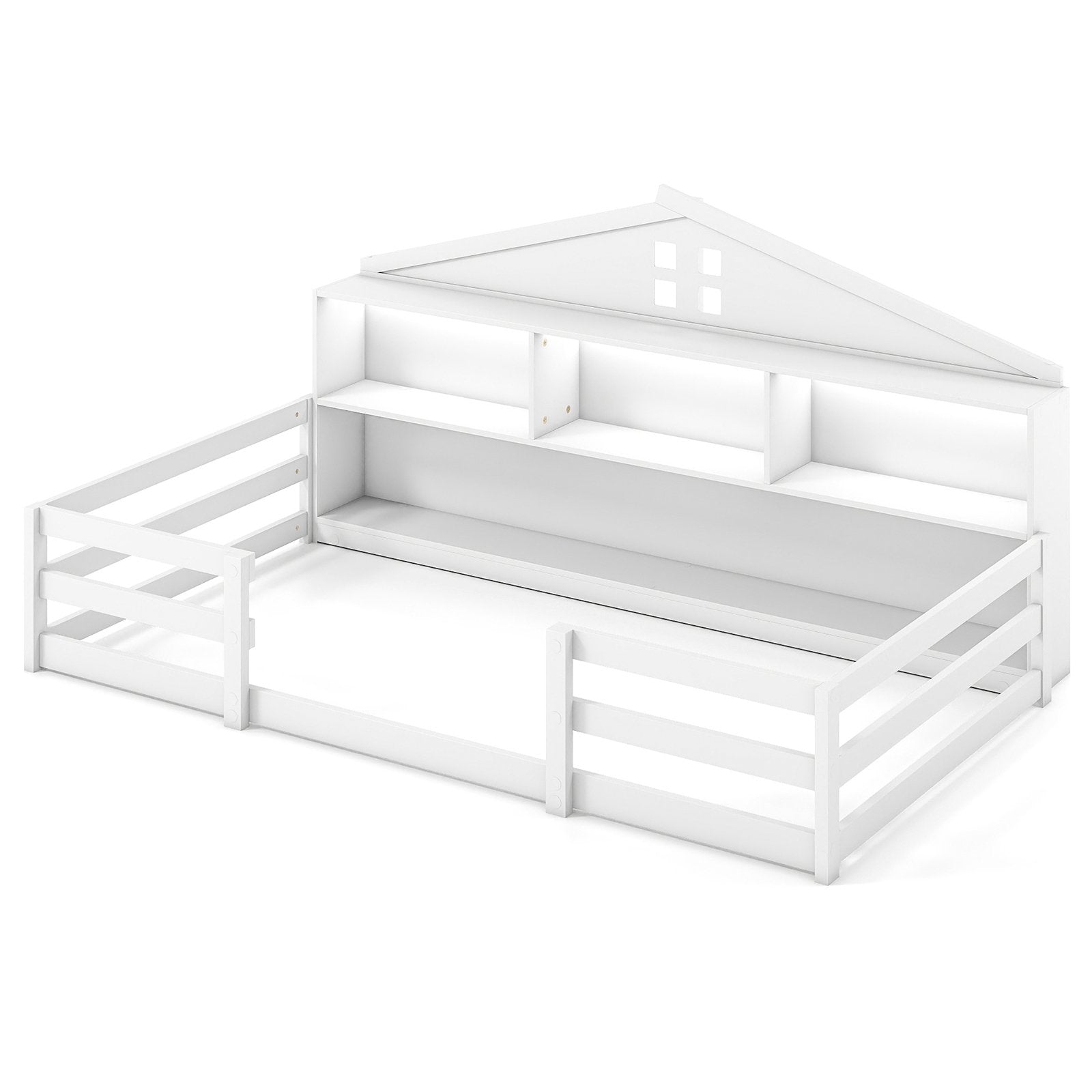 Full Size Montessori Floor Bed with Storage Compartments and Shelf, White Trundle Bed Frame White at Gallery Canada