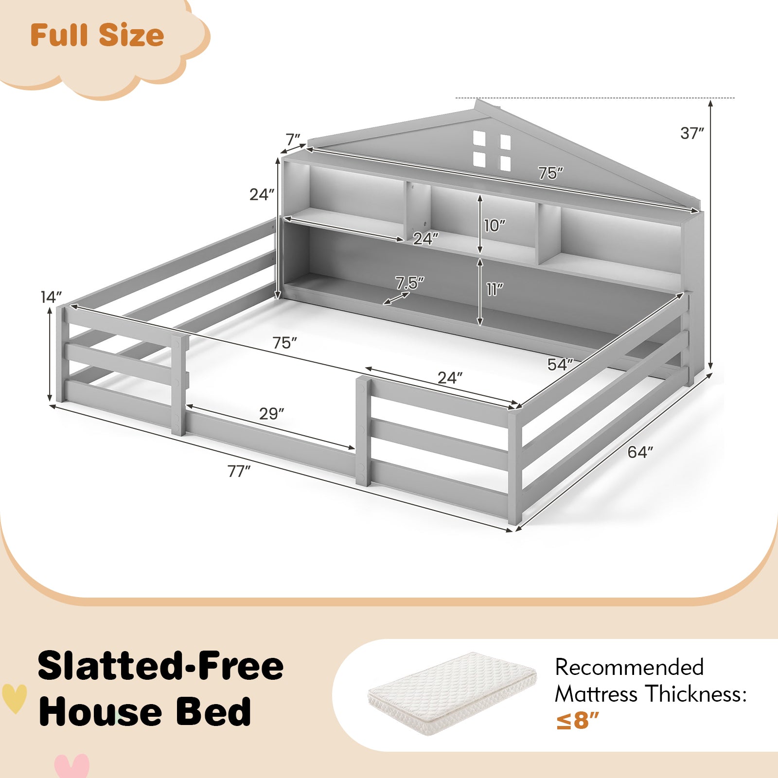Full Size Montessori Floor Bed with Storage Compartments and Shelf, Gray Trundle Bed Frame at Gallery Canada
