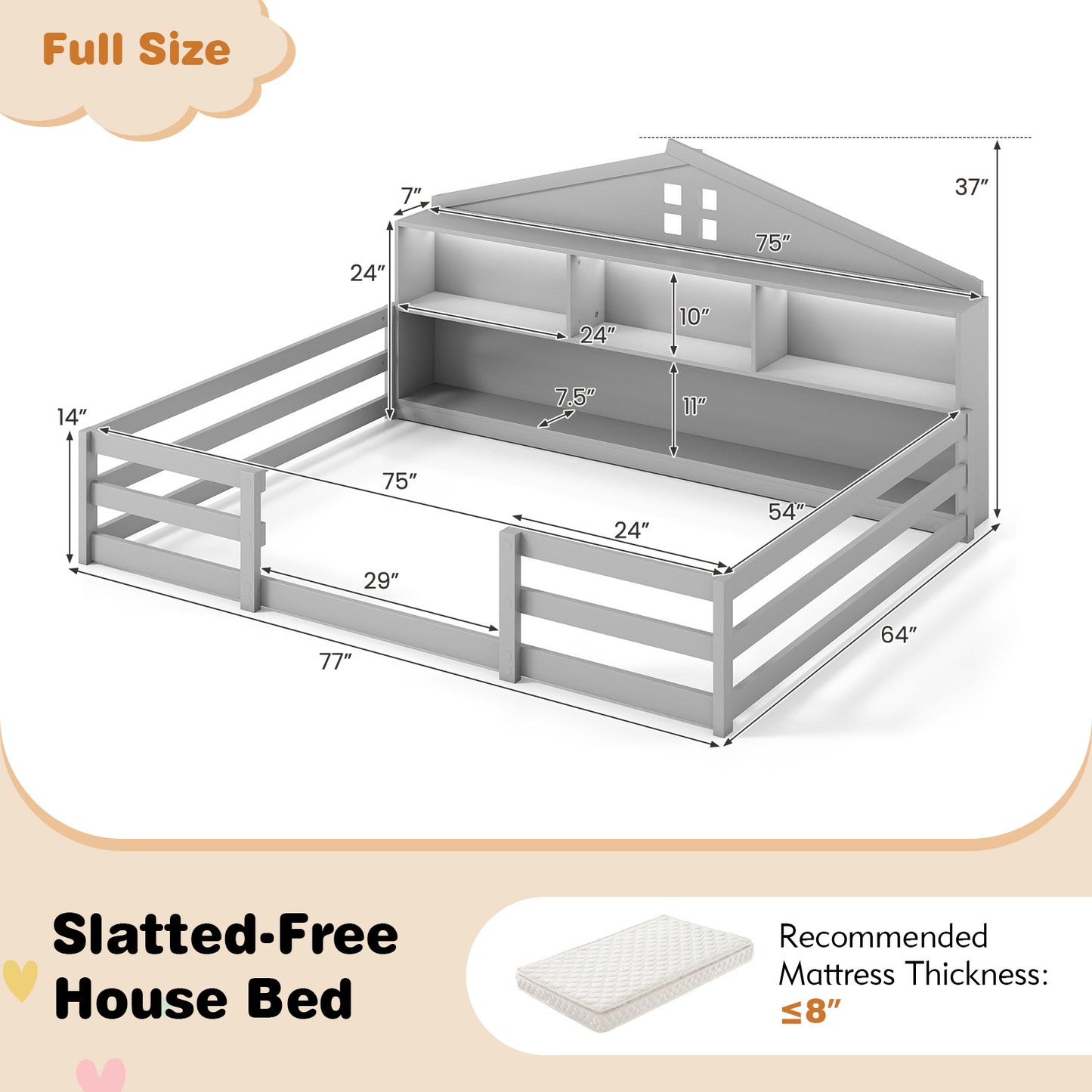 Full Size Montessori Floor Bed with Storage Compartments and Shelf, Gray Trundle Bed Frame at Gallery Canada