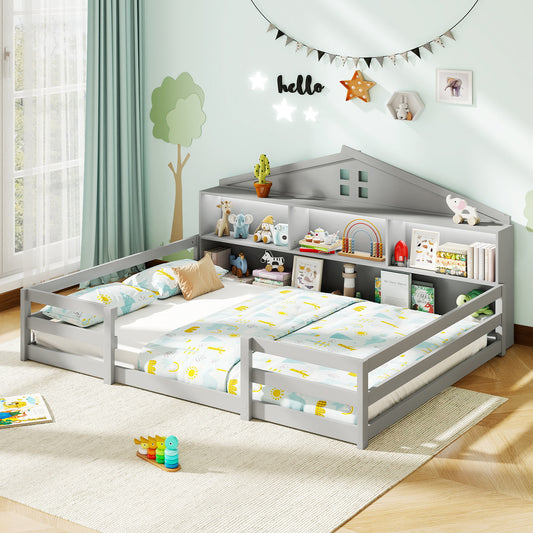 Full Size Montessori Floor Bed with Storage Compartments and Shelf, Gray Trundle Bed Frame Gray at Gallery Canada