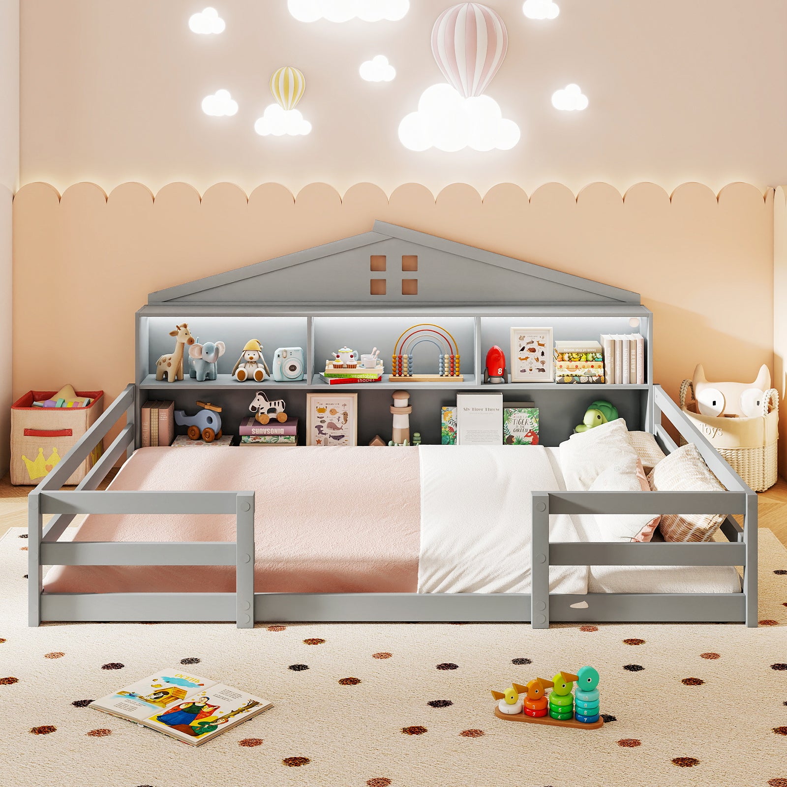 Full Size Montessori Floor Bed with Storage Compartments and Shelf, Gray Trundle Bed Frame at Gallery Canada