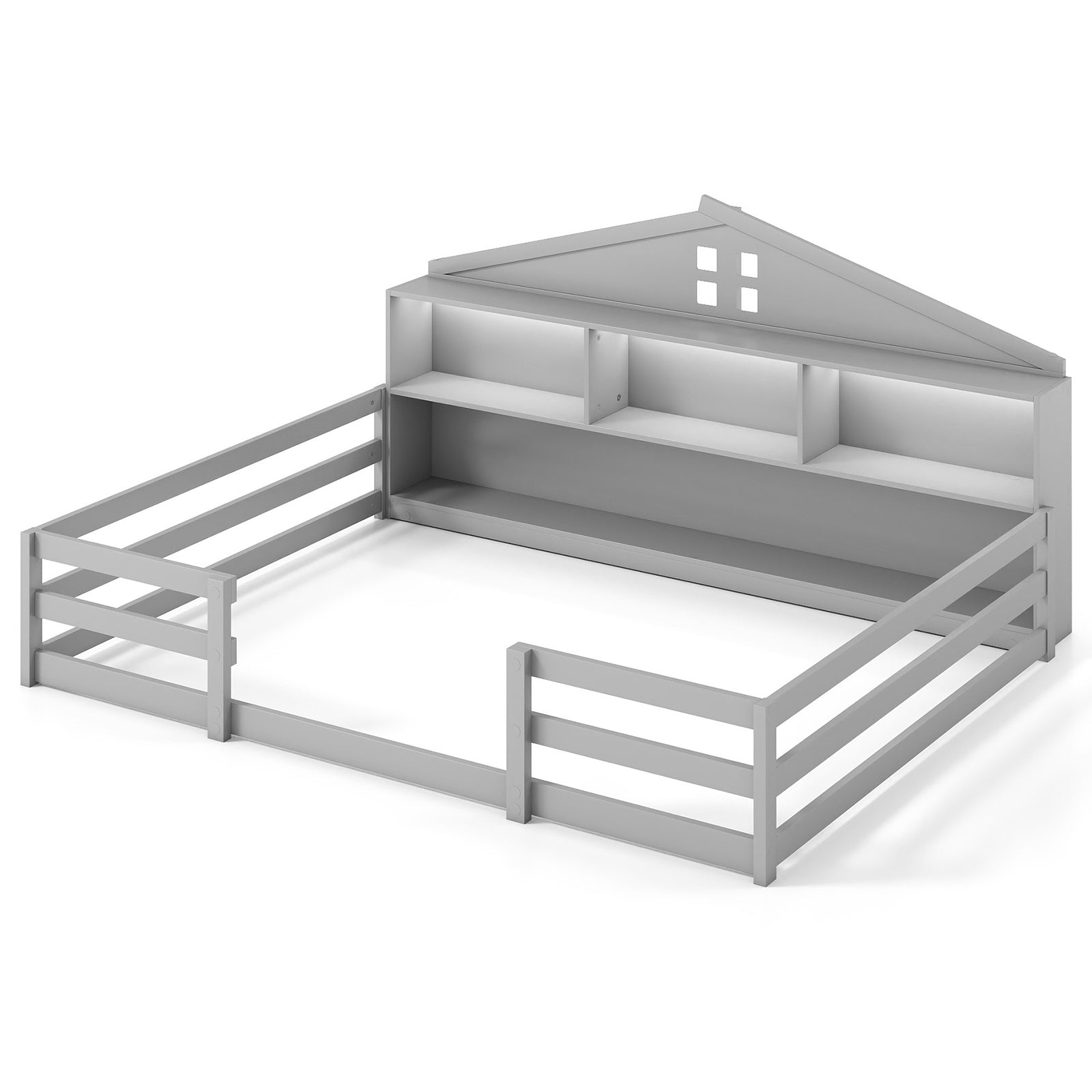 Full Size Montessori Floor Bed with Storage Compartments and Shelf, Gray Trundle Bed Frame at Gallery Canada
