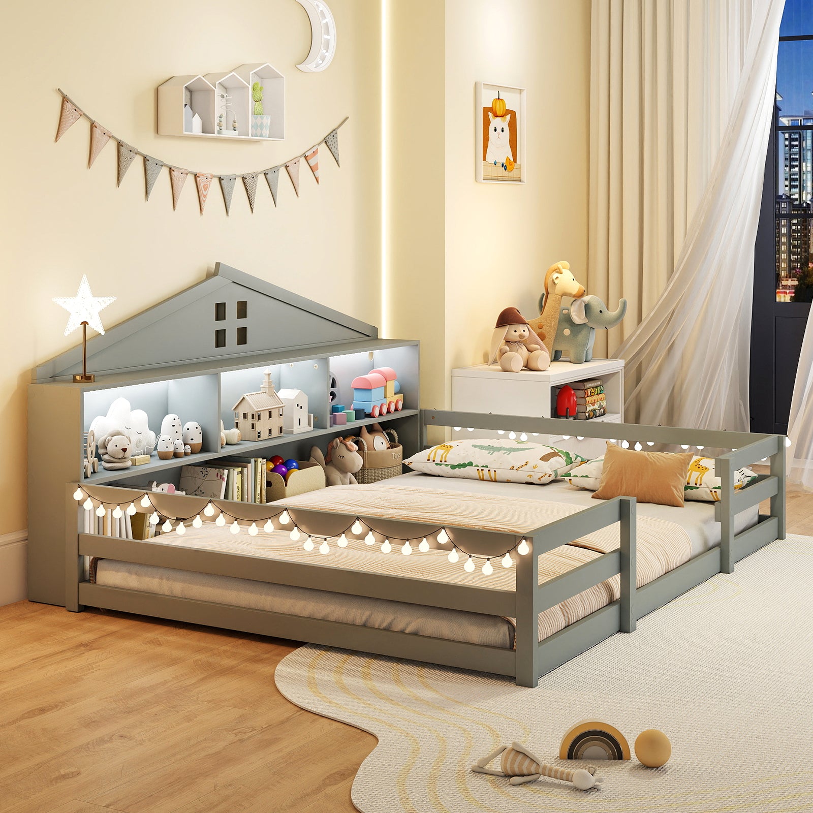 Full Size Montessori Floor Bed with Storage Compartments and Shelf, Gray Trundle Bed Frame at Gallery Canada