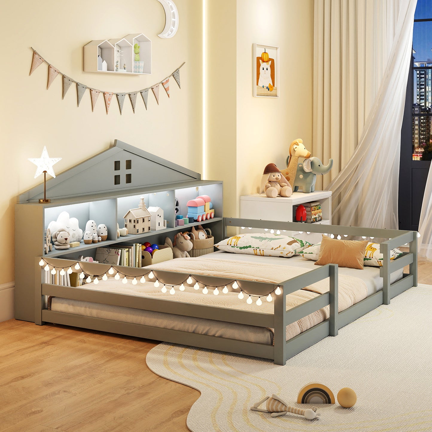 Full Size Montessori Floor Bed with Storage Compartments and Shelf, Gray Trundle Bed Frame at Gallery Canada