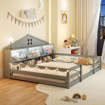 Full Size Montessori Floor Bed with Storage Compartments and Shelf, Gray Trundle Bed Frame at Gallery Canada