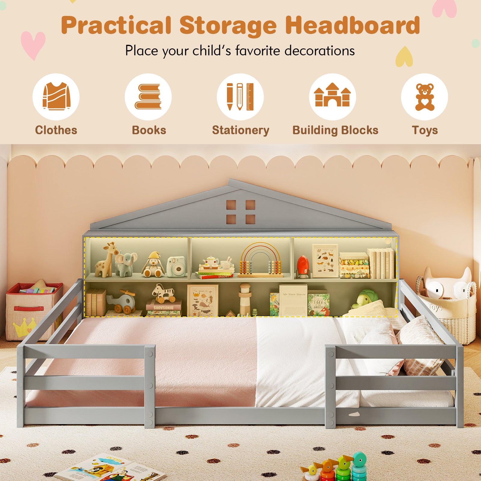 Full Size Montessori Floor Bed with Storage Compartments and Shelf, Gray Trundle Bed Frame at Gallery Canada
