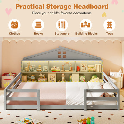 Full Size Montessori Floor Bed with Storage Compartments and Shelf, Gray Trundle Bed Frame at Gallery Canada