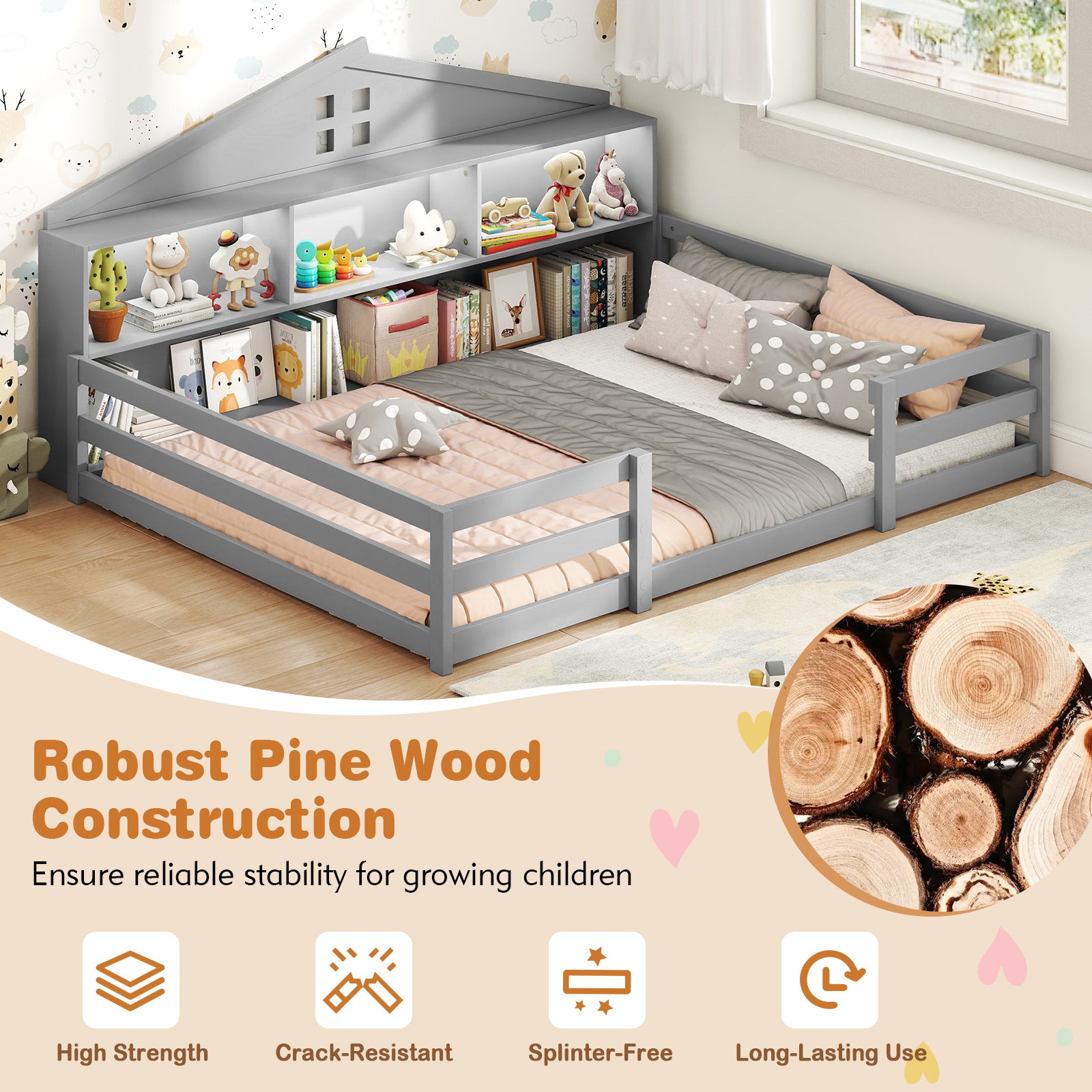 Full Size Montessori Floor Bed with Storage Compartments and Shelf, Gray Trundle Bed Frame at Gallery Canada