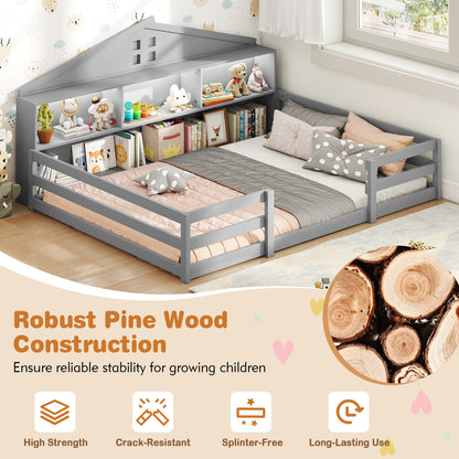 Full Size Montessori Floor Bed with Storage Compartments and Shelf, Gray Trundle Bed Frame at Gallery Canada