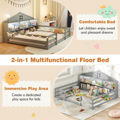 Full Size Montessori Floor Bed with Storage Compartments and Shelf, Gray Trundle Bed Frame at Gallery Canada