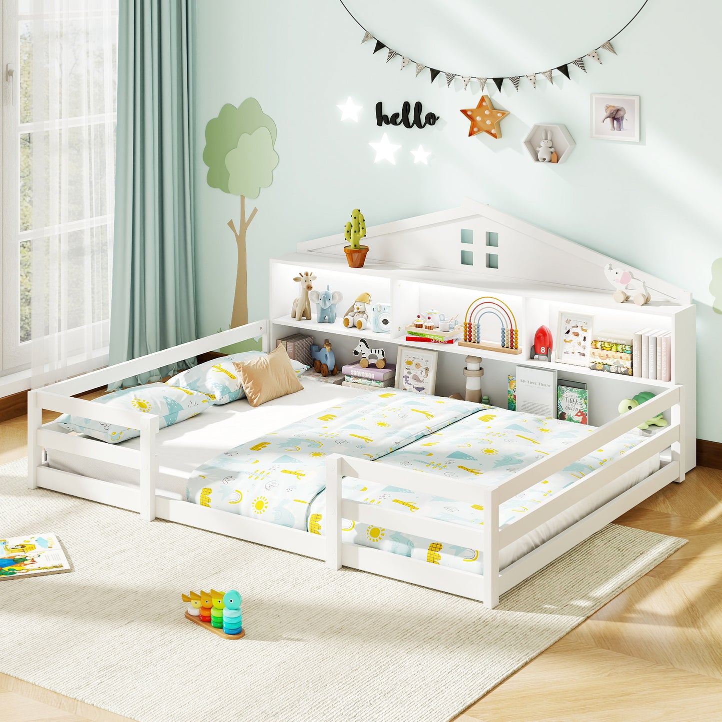 Full Size Montessori Floor Bed with Storage Compartments and Shelf, White Trundle Bed Frame at Gallery Canada