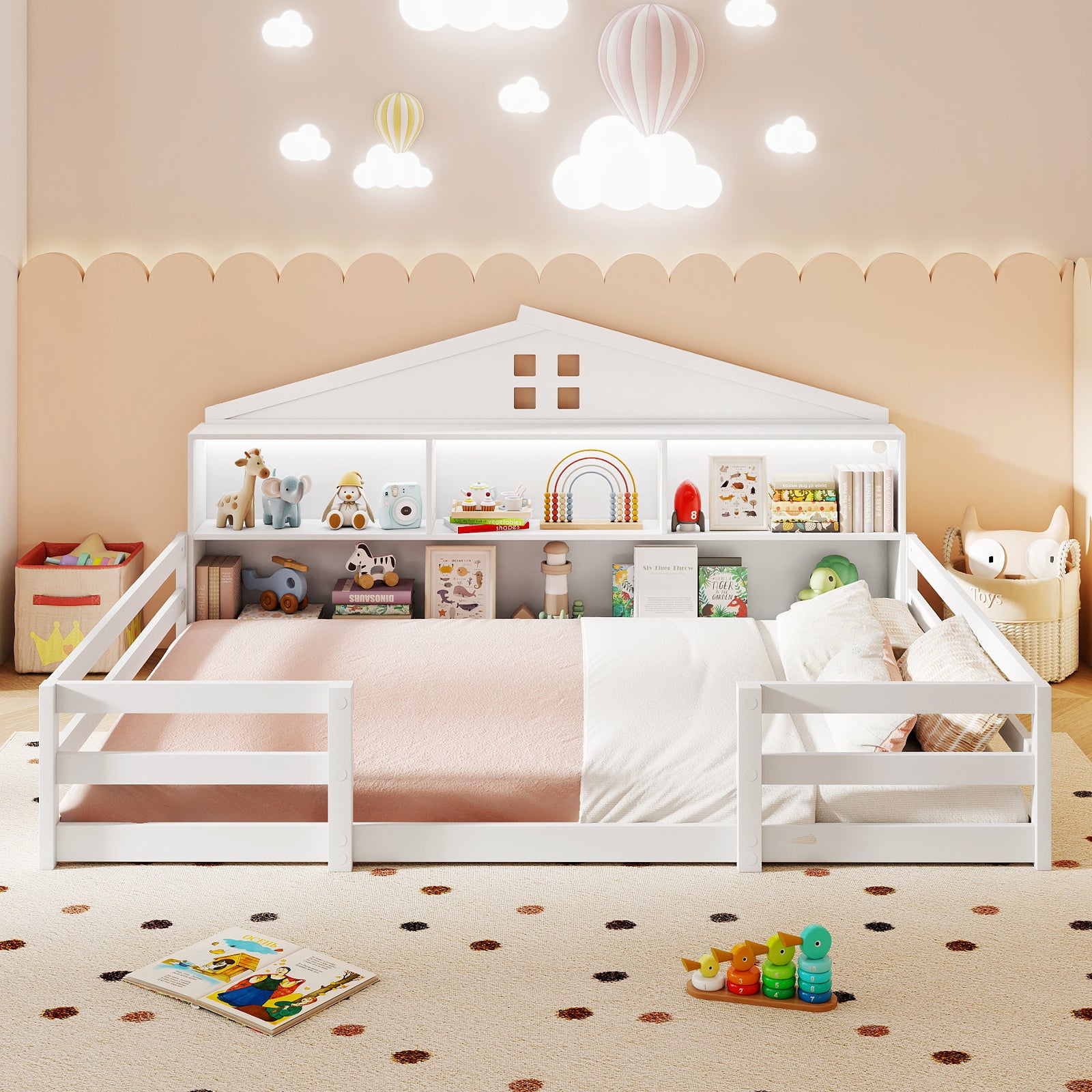 Full Size Montessori Floor Bed with Storage Compartments and Shelf, White Trundle Bed Frame at Gallery Canada