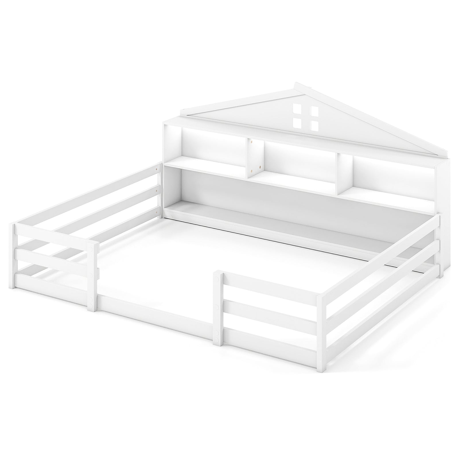 Full Size Montessori Floor Bed with Storage Compartments and Shelf, White Trundle Bed Frame White at Gallery Canada