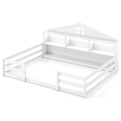 Full Size Montessori Floor Bed with Storage Compartments and Shelf, White